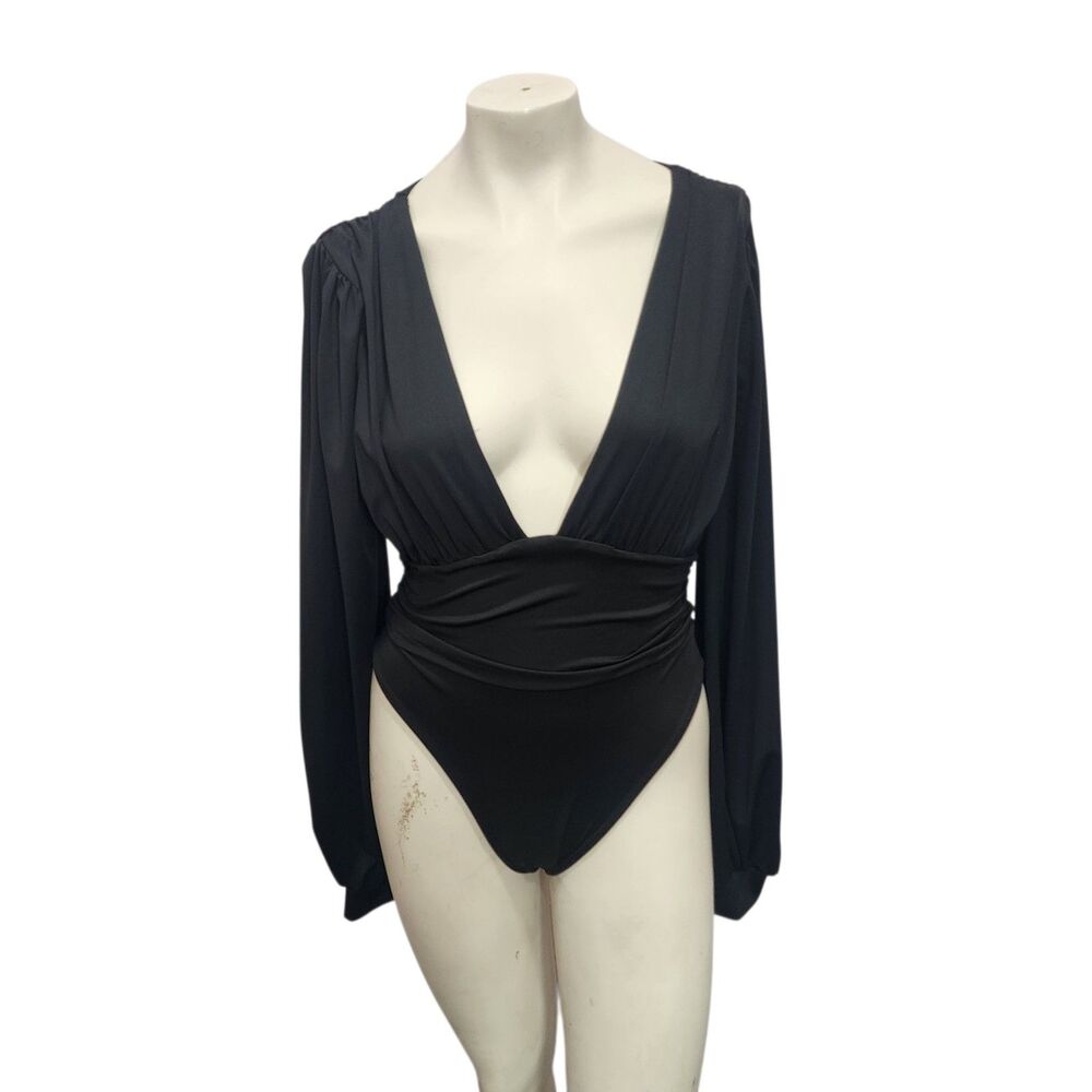 Black Deep V Neck Bodysuit Womens M Long Sleeve Ruched‎ Waist Stretch